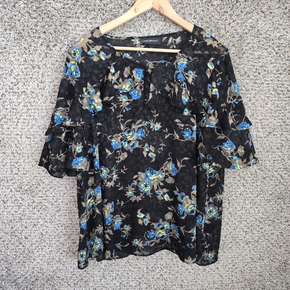 Lane Bryant Top Womens Plus 18 Black Sheer‎ Keyhole Neck Ruffle Blouse Ladies